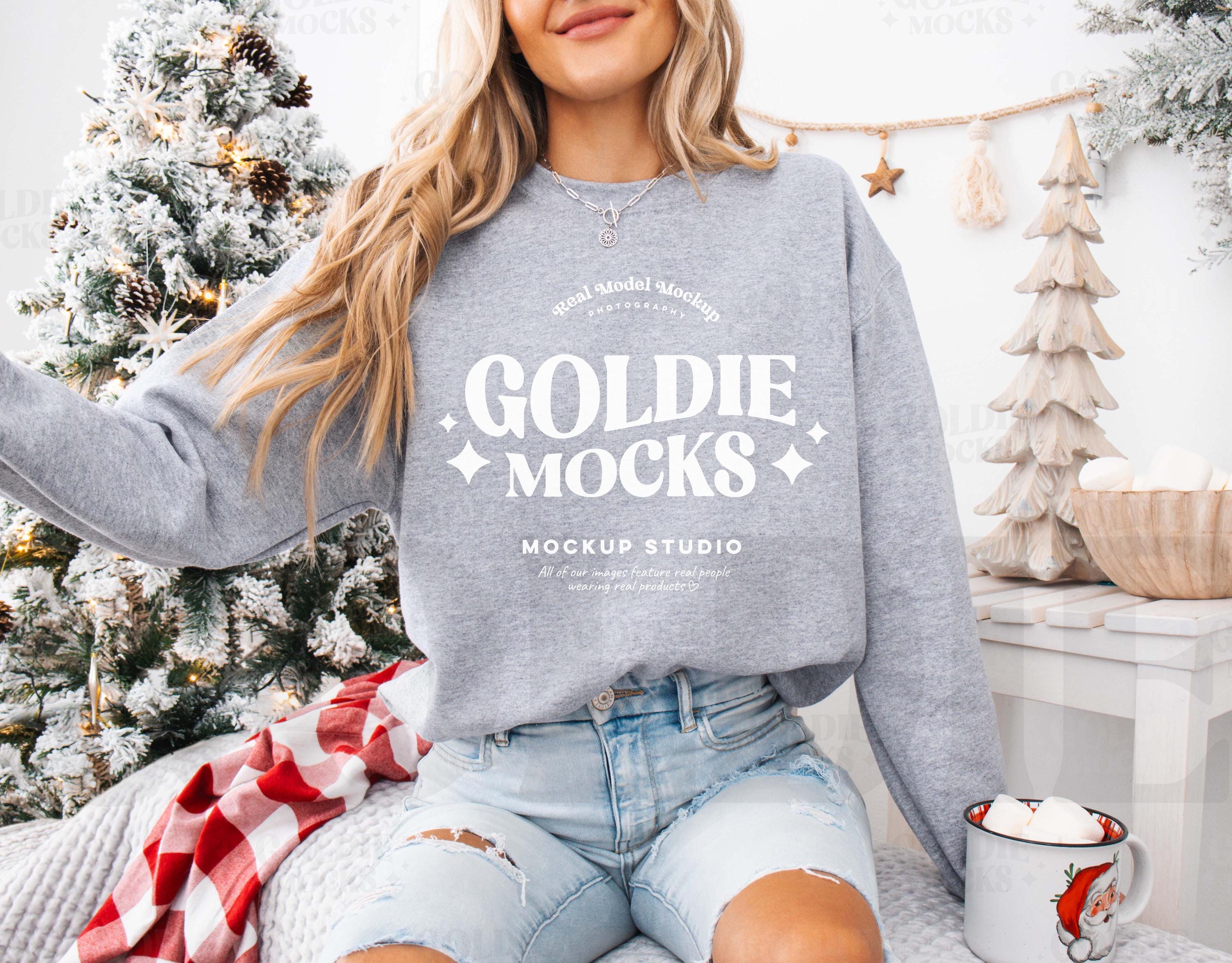 Gildan 18000 Sport Grey Sweatshirt Mockup | G180 Grey Crewneck Mock-up | Real Model Mock | Cozy Trendy Christmas Holiday Aesthetic Sweater