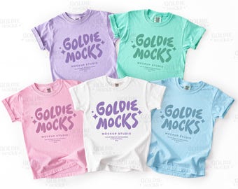 Comfort Colors C9018 Tshirt Group Mockup | 9018 Orchid Blossom Island Reef Chambray Youth T-Shirt Mockup | Trendy Pastel Multiple Kids Mock