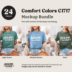 K&ouml;nnte beinhalten: Ein Mockup-Paket mit 24 T-Shirts in verschiedenen Farben. Die T-Shirts werden auf Models gezeigt, die sie tragen. Der Text "Comfort Colors C1717 Mockup Bundle" wird oben im Bild angezeigt. Der Text "You will receive 24 Mockups including:" wird unter dem Titel angezeigt. Der Text "GOLDIE MOCKS" wird auf jedem T-Shirt angezeigt.
