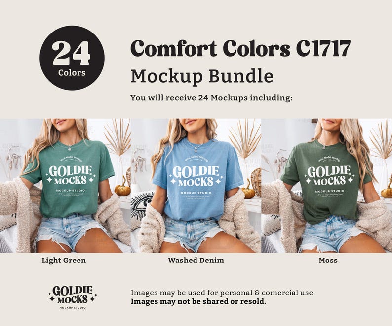 K&ouml;nnte beinhalten: Ein Mockup-Paket mit 24 T-Shirts in verschiedenen Farben. Die T-Shirts werden auf Models gezeigt, die sie tragen. Der Text "Comfort Colors C1717 Mockup Bundle" wird oben im Bild angezeigt. Der Text "You will receive 24 Mockups including:" wird unter dem Titel angezeigt. Der Text "GOLDIE MOCKS" wird auf jedem T-Shirt angezeigt.