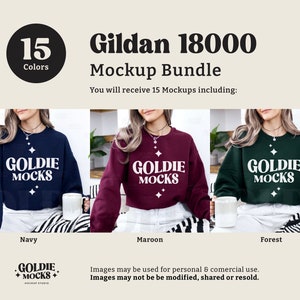 May include: Mockup bundle of 15 Gildan 18000 sweatshirts in various colours. The image shows three sweatshirts: navy blue, maroon, and forest green. Each sweatshirt has the text "Goldie Mocks" printed on the front.