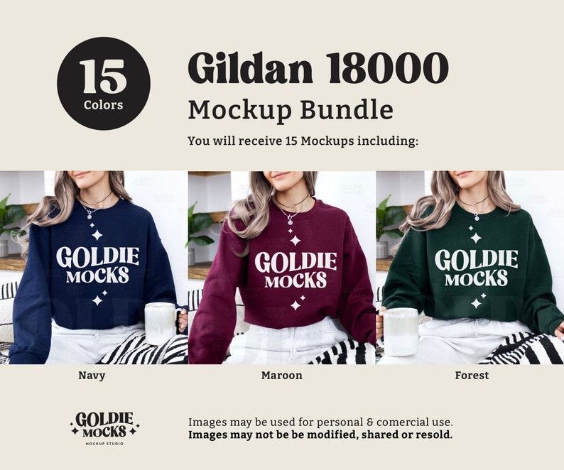 May include: Mockup bundle of 15 Gildan 18000 sweatshirts in various colours. The image shows three sweatshirts: navy blue, maroon, and forest green. Each sweatshirt has the text "Goldie Mocks" printed on the front.