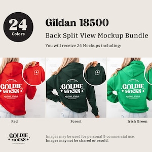 May include: A mockup bundle featuring Gildan 18500 hoodies in red, forest green, and Irish green. The hoodies have the "Goldie Mocks" logo on the back. The image includes the text "24 Colors" and "Back Split View Mockup Bundle".