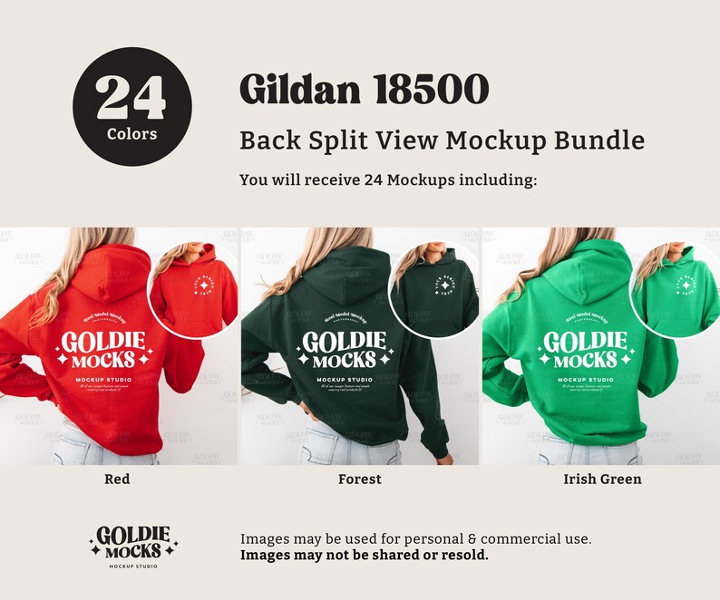 May include: A mockup bundle featuring Gildan 18500 hoodies in red, forest green, and Irish green. The hoodies have the "Goldie Mocks" logo on the back. The image includes the text "24 Colors" and "Back Split View Mockup Bundle".