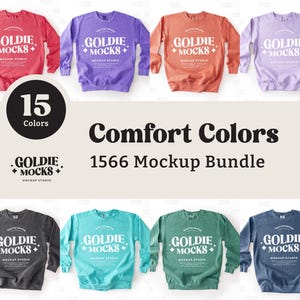 Könnte beinhalten: Ein Mockup-Bundle mit 15 verschiedenen Farben von Sweatshirts. Auf jedem Sweatshirt steht der Text "GOLDIE MOCKS". Die Wörter "Comfort Colors" und "1566 Mockup Bundle" sind ebenfalls zu sehen.