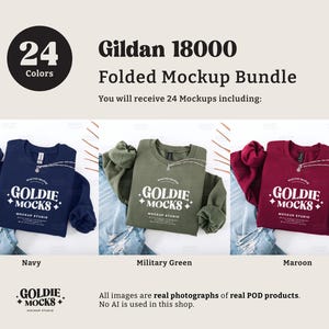 May include: A mockup bundle of 24 folded Gildan 18000 sweatshirts in various colors, including navy, military green, and maroon. Each sweatshirt features a white graphic with the text "Goldie Mocks" and a star design.