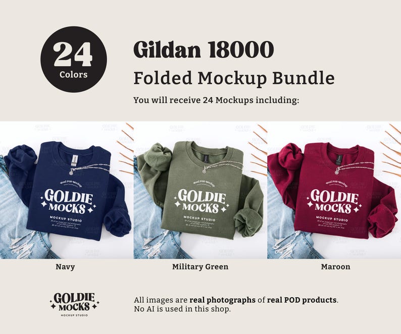 May include: A mockup bundle of 24 folded Gildan 18000 sweatshirts in various colors, including navy, military green, and maroon. Each sweatshirt features a white graphic with the text "Goldie Mocks" and a star design.