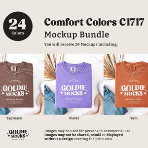 May include: A mockup bundle of 24 t-shirts in various colors, including espresso, violet, and yam. The t-shirts feature a logo with the text "Goldie Mocks" and a design of stars. The image includes text that says "Comfort Colors C1717 Mockup Bundle".