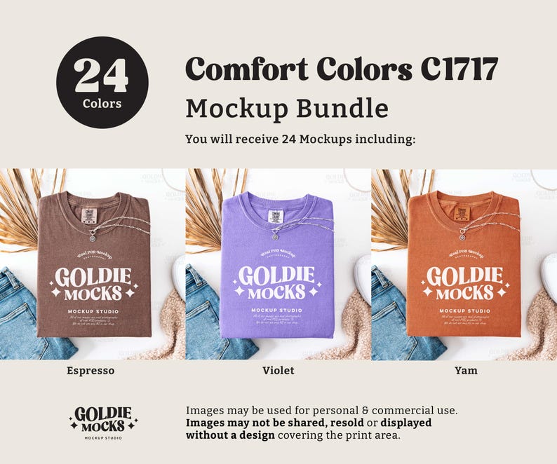 May include: A mockup bundle of 24 t-shirts in various colors, including espresso, violet, and yam. The t-shirts feature a logo with the text "Goldie Mocks" and a design of stars. The image includes text that says "Comfort Colors C1717 Mockup Bundle".