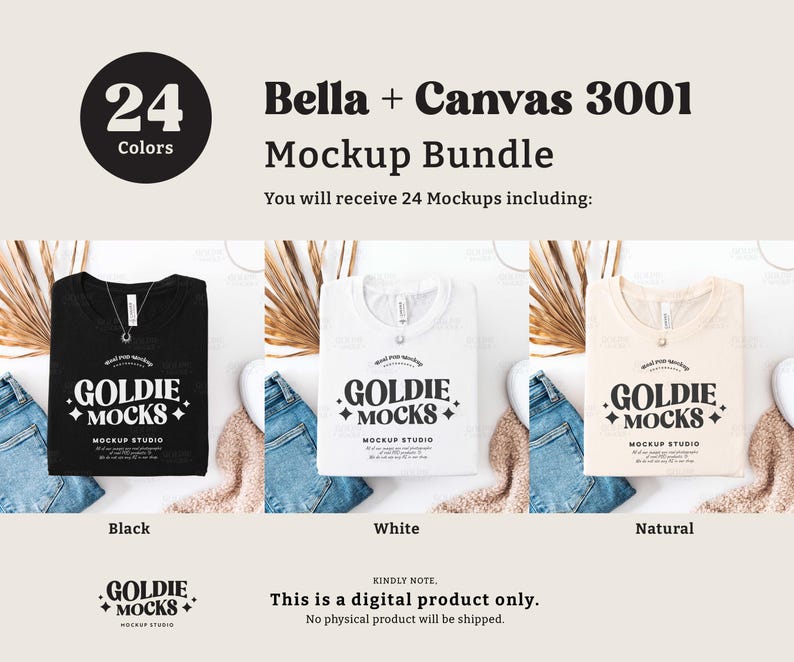 May include: Mockup bundle of 24 Bella + Canvas 3001 t-shirts in black, white, and natural colors. The shirts are laid flat on a white surface with a neutral background. The text "GOLDIE MOCKS MOCKUP STUDIO" is printed on each shirt.