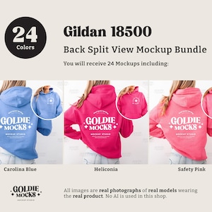 May include: A mockup bundle showcasing Gildan 18500 hoodies in Carolina Blue, Heliconia, and Safety Pink. The image displays the back of the hoodies with the "GOLDIE MOCKS" logo. The text indicates 24 colors are available.