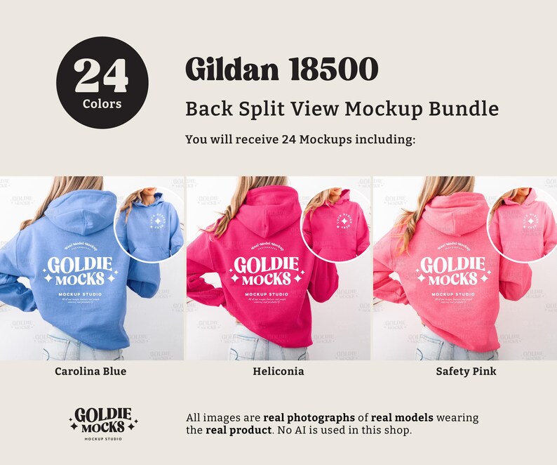 May include: A mockup bundle showcasing Gildan 18500 hoodies in Carolina Blue, Heliconia, and Safety Pink. The image displays the back of the hoodies with the "GOLDIE MOCKS" logo. The text indicates 24 colors are available.