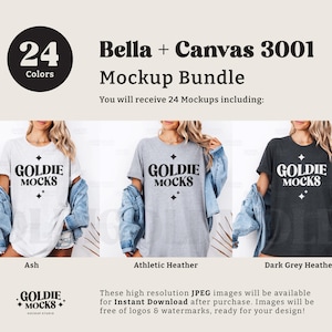 Puede incluir: Un paquete de maquetas de 24 dise&ntilde;os de camisetas en varios colores. Las camisetas presentan el texto "Goldie Mocks" en una fuente retro. El texto se muestra en una camiseta blanca, gris y gris oscuro.