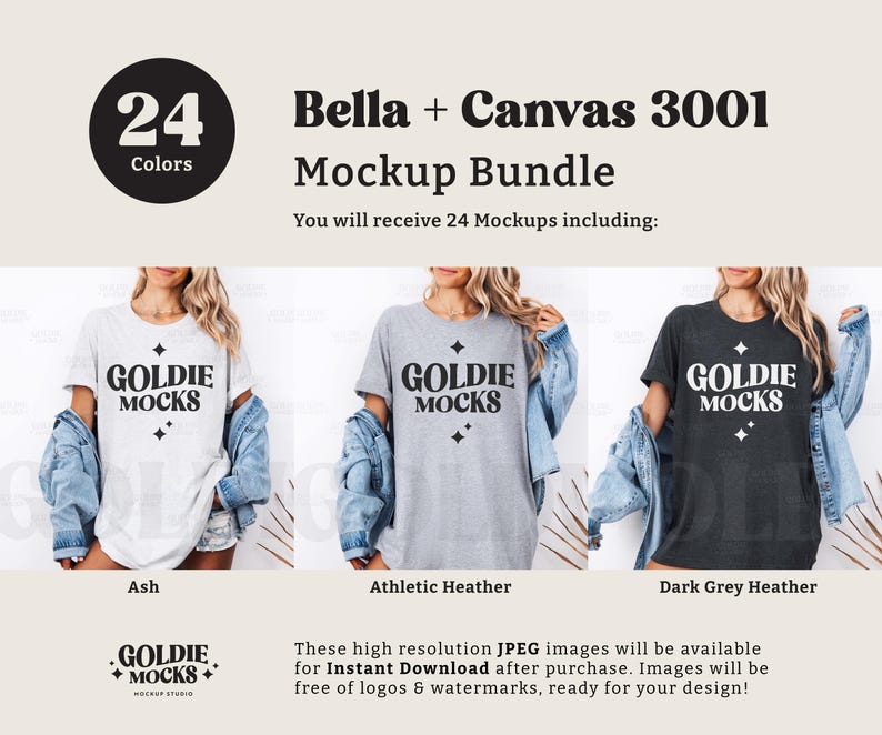 Puede incluir: Un paquete de maquetas de 24 dise&ntilde;os de camisetas en varios colores. Las camisetas presentan el texto "Goldie Mocks" en una fuente retro. El texto se muestra en una camiseta blanca, gris y gris oscuro.