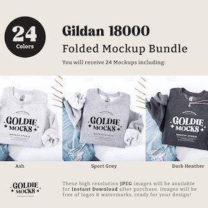 May include: A mockup bundle of 24 folded Gildan 18000 sweatshirts in various colors. The sweatshirts are folded and laid out on a white surface with denim fabric. The sweatshirts feature the text "Goldie Mocks" and a logo. The text "24 Colors" is displayed in a circle at the top of the image.