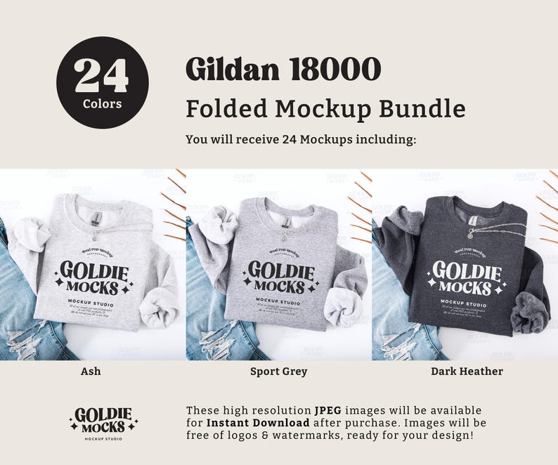 May include: A mockup bundle of 24 folded Gildan 18000 sweatshirts in various colors. The sweatshirts are folded and laid out on a white surface with denim fabric. The sweatshirts feature the text "Goldie Mocks" and a logo. The text "24 Colors" is displayed in a circle at the top of the image.