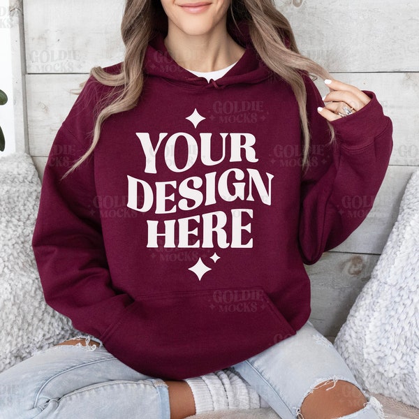 Gildan 18500 Maroon Hoodie Mockup | G185 Maroon Hooded Sweatshirt Mockup | Real Model Mock | Gildan Dark Red G185 Hoodie | Neutral Simple