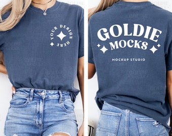 Comfort Colors C1717 Denim Shirt Front & Back Mockup | 1717 Denim Blue T-shirt Front Back Split Mock-up | Trendy Minimal Real Model Mock