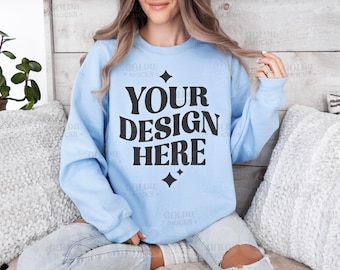 Gildan 18000 Light Blue Sweatshirt Mockup | G180 Blue Crewneck Mockup | Model Mock | Gildan 18000 Blue Sweater | Casual Simple Neutral Mock