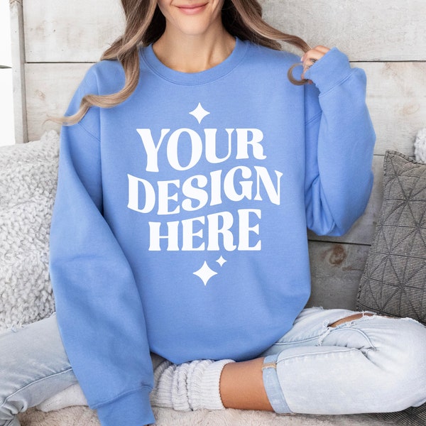 Gildan 18000 Carolina Blue Sweatshirt Mockup | G180 Blue Crewneck Mockup | Model Mock | Gildan Blue Sweater | Simple Cozy Minimal Aesthetic