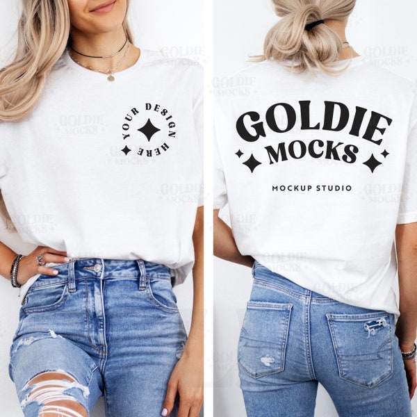 Gildan 64000 White Tshirt Front & Back Mockup | G640 White T-shirt Front Back Mock-up | Real Model Mock | Split View Minimal Trendy Shirt