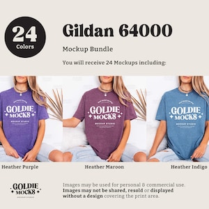 May include: A mockup bundle featuring three t-shirts in heather purple, heather maroon, and heather indigo. Each shirt displays the "GOLDIE MOCKS" logo. The image includes the text "Gildan 64000" and "24 Colors".