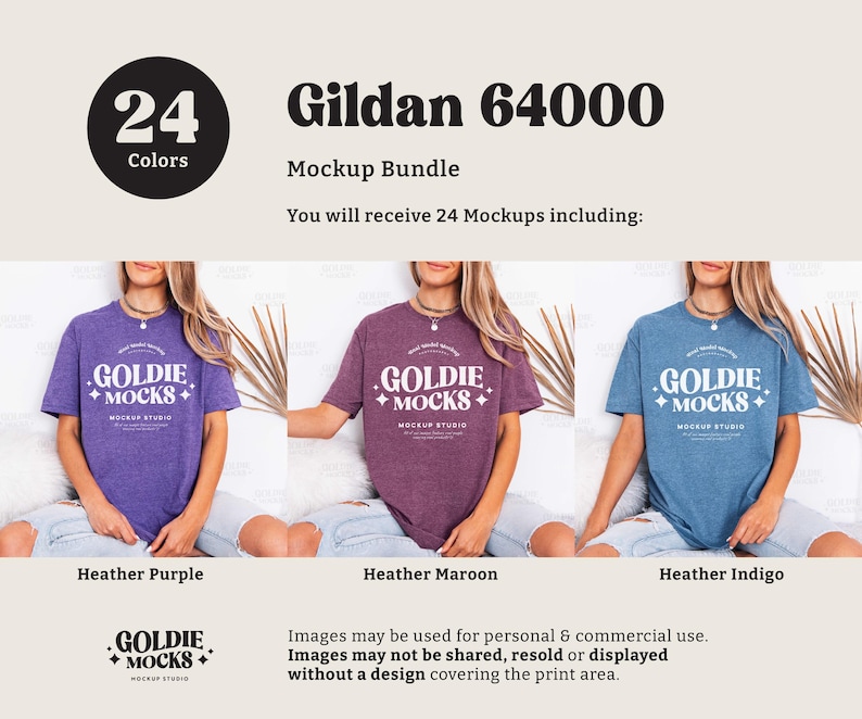 May include: A mockup bundle featuring three t-shirts in heather purple, heather maroon, and heather indigo. Each shirt displays the "GOLDIE MOCKS" logo. The image includes the text "Gildan 64000" and "24 Colors".