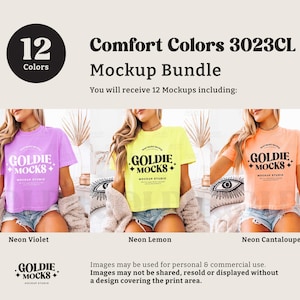 May include: Mockup bundle of 12 t-shirts in various neon colours, including neon violet, neon lemon, and neon cantaloupe. Each t-shirt features the text "Goldie Mocks" in black.