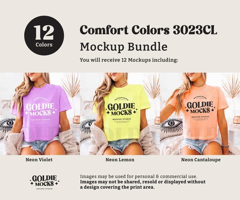 May include: Mockup bundle of 12 t-shirts in various neon colours, including neon violet, neon lemon, and neon cantaloupe. Each t-shirt features the text "Goldie Mocks" in black.