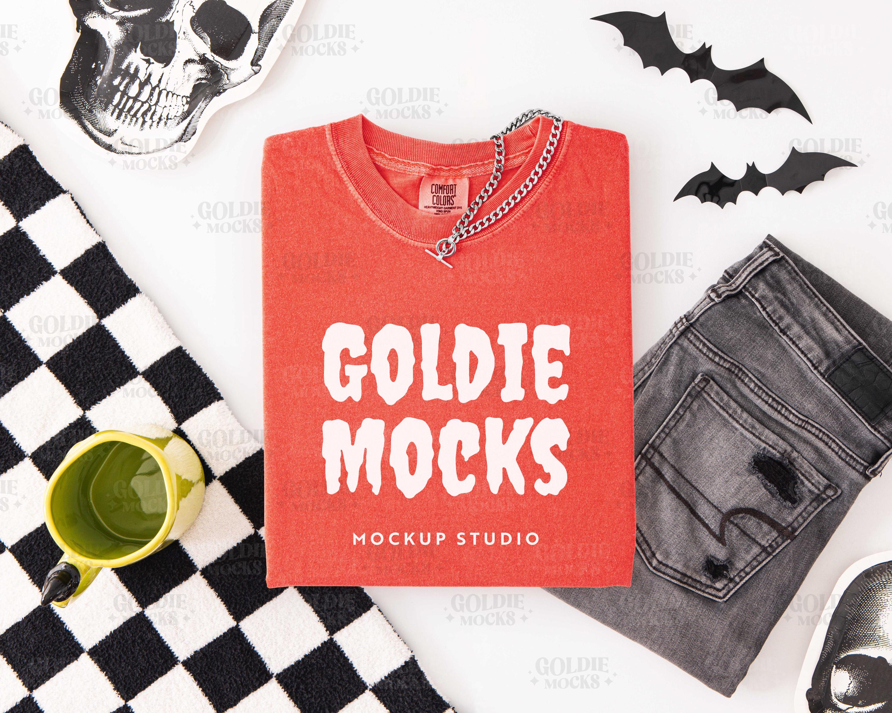 Comfort Colors C1717 Bright Salmon Shirt Flat Lay Mockup | Halloween 1717 Orange Tshirt Mock-up | Real Product Mock | Spooky Fall Aesthetic