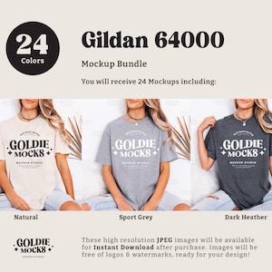 May include: A mockup bundle featuring three t-shirts in different colors: Natural, Sport Grey, and Dark Heather. Each shirt displays the "GOLDIE MOCKS" logo. The image includes the text "Gildan 64000" and "24 Colors".