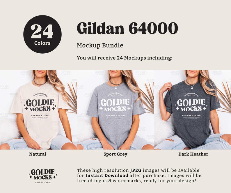 May include: A mockup bundle featuring three t-shirts in different colors: Natural, Sport Grey, and Dark Heather. Each shirt displays the "GOLDIE MOCKS" logo. The image includes the text "Gildan 64000" and "24 Colors".