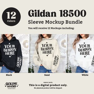 May include: A mockup bundle of 12 Gildan 18500 hoodies in various colors. The hoodies are shown on models wearing them. The text "YOUR DESIGN HERE" is printed on the front of each hoodie. The text "GOLDIE MOCKS" is printed on the sleeve of each hoodie.