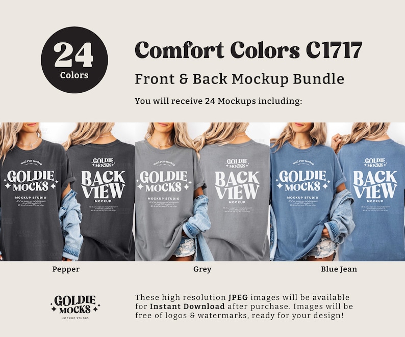 May include: A mockup bundle featuring Comfort Colors C1717 t-shirts in various colors, including pepper, grey, and blue jean. The image displays front and back views of the shirts, with the text "GOLDIE MOCKS" and "BACK VIEW" visible.