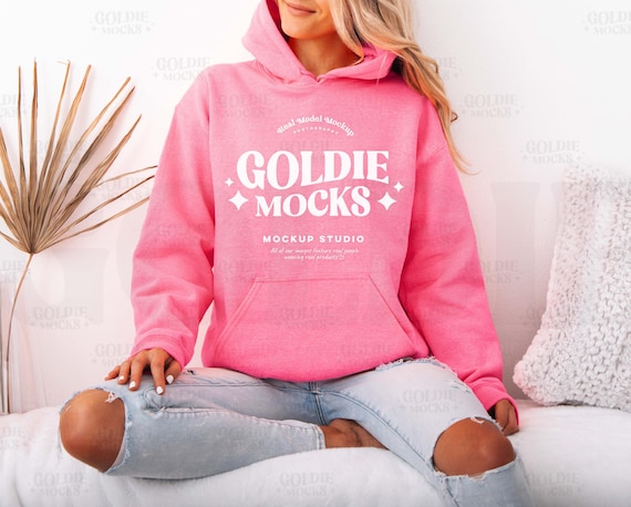 Gildan 18500 Safety Pink Hoodie Mockup | G185 Pink Hooded Sweatshirt Mockup | Real Model Mock | Neutral Simple Minimal Trendy Boho Aesthetic