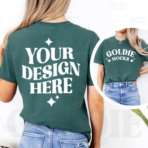 Comfort Colors C1717 Blue Spruce Shirt Front & Back Mockup | 1717 Green T-shirt Front Back Split View Mock-up | Real Model Mock Tshirt