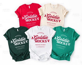 Bella Canvas 3001 Group Shirt Mockup | BC 3001 White Red Natural Forest Kelly Green Tshirt Mock-up | Trendy Christmas Unisex Group Flatlay