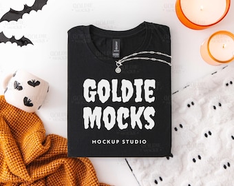 Gildan 64000 Black Shirt Flat Lay Mockup | Halloween G640 Black Folded T-Shirt Mock-up | Real Photo | Cute Trendy Cozy Fall Aesthetic Tee