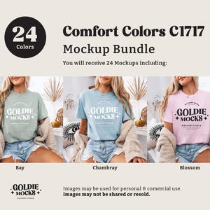 K&ouml;nnte beinhalten: Ein Mockup-Paket mit 24 T-Shirt-Designs in verschiedenen Farben. Die T-Shirts zeigen den Text "GOLDIE MOCKS" in einer Vintage-Schriftart. Die gezeigten Farben sind Bay, Chambray und Blossom.