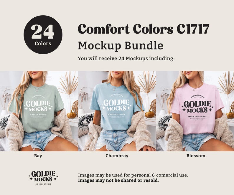 K&ouml;nnte beinhalten: Ein Mockup-Paket mit 24 T-Shirt-Designs in verschiedenen Farben. Die T-Shirts zeigen den Text "GOLDIE MOCKS" in einer Vintage-Schriftart. Die gezeigten Farben sind Bay, Chambray und Blossom.