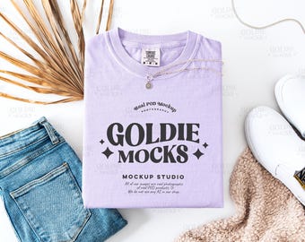 Comfort Colors C1717 Orchid Shirt Flat Lay Mockup | 1717 Purple Folded Tshirt Mock-up | Real Product Mock | Neutral Boho Flatlay Aesthetic