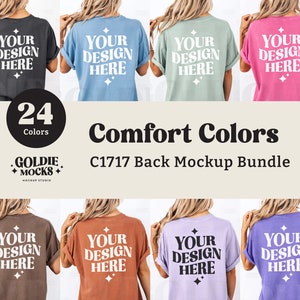 May include: A mockup bundle of 24 different colored t-shirts with the text "YOUR DESIGN HERE" printed on the back. The text "Comfort Colors C1717 Back Mockup Bundle" is printed below the shirts.