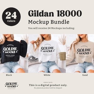 May include: Mockup bundle of 24 Gildan 18000 sweatshirts in black, white, and sand colors. The sweatshirts feature a cropped design and a logo that says "Goldie Mocks" with a star design.