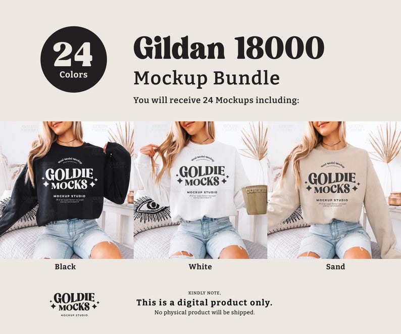 May include: Mockup bundle of 24 Gildan 18000 sweatshirts in black, white, and sand colors. The sweatshirts feature a cropped design and a logo that says "Goldie Mocks" with a star design.