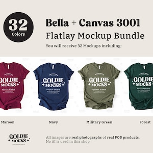 May include: A flatlay mockup bundle of 32 Bella + Canvas 3001 t-shirts in four colors: maroon, navy, military green, and forest. The shirts feature a white graphic with the text "GOLDIE + MOCKS +" and the words "MOCKUP STUDIO".