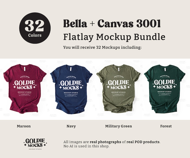May include: A flatlay mockup bundle of 32 Bella + Canvas 3001 t-shirts in four colors: maroon, navy, military green, and forest. The shirts feature a white graphic with the text "GOLDIE + MOCKS +" and the words "MOCKUP STUDIO".