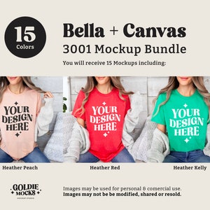 May include: Three women wearing different colored Bella + Canvas 3001 t-shirts. The shirts are peach, red, and kelly green. Each shirt has the text "YOUR DESIGN HERE" printed on the front. The text is white and in a bold, sans-serif font.