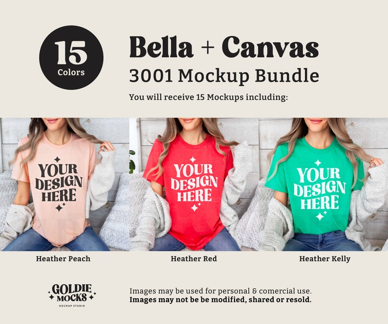 May include: Three women wearing different colored Bella + Canvas 3001 t-shirts. The shirts are peach, red, and kelly green. Each shirt has the text "YOUR DESIGN HERE" printed on the front. The text is white and in a bold, sans-serif font.