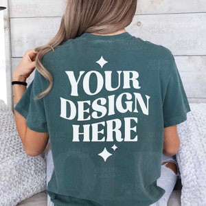 Comfort Colors C1717 Blue Spruce Shirt Back Mockup | Green Tshirt Back Mock | Real Model C1717 Blue Spruce Tshirt Back View | Simple Neutral