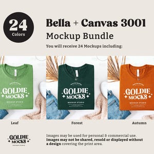 May include: Mockup of a Bella + Canvas 3001 t-shirt in three colors: leaf, forest, and autumn. The t-shirt is folded and laid flat on a white surface. The image includes the text "Goldie Mocks" and "Mockup Studio".